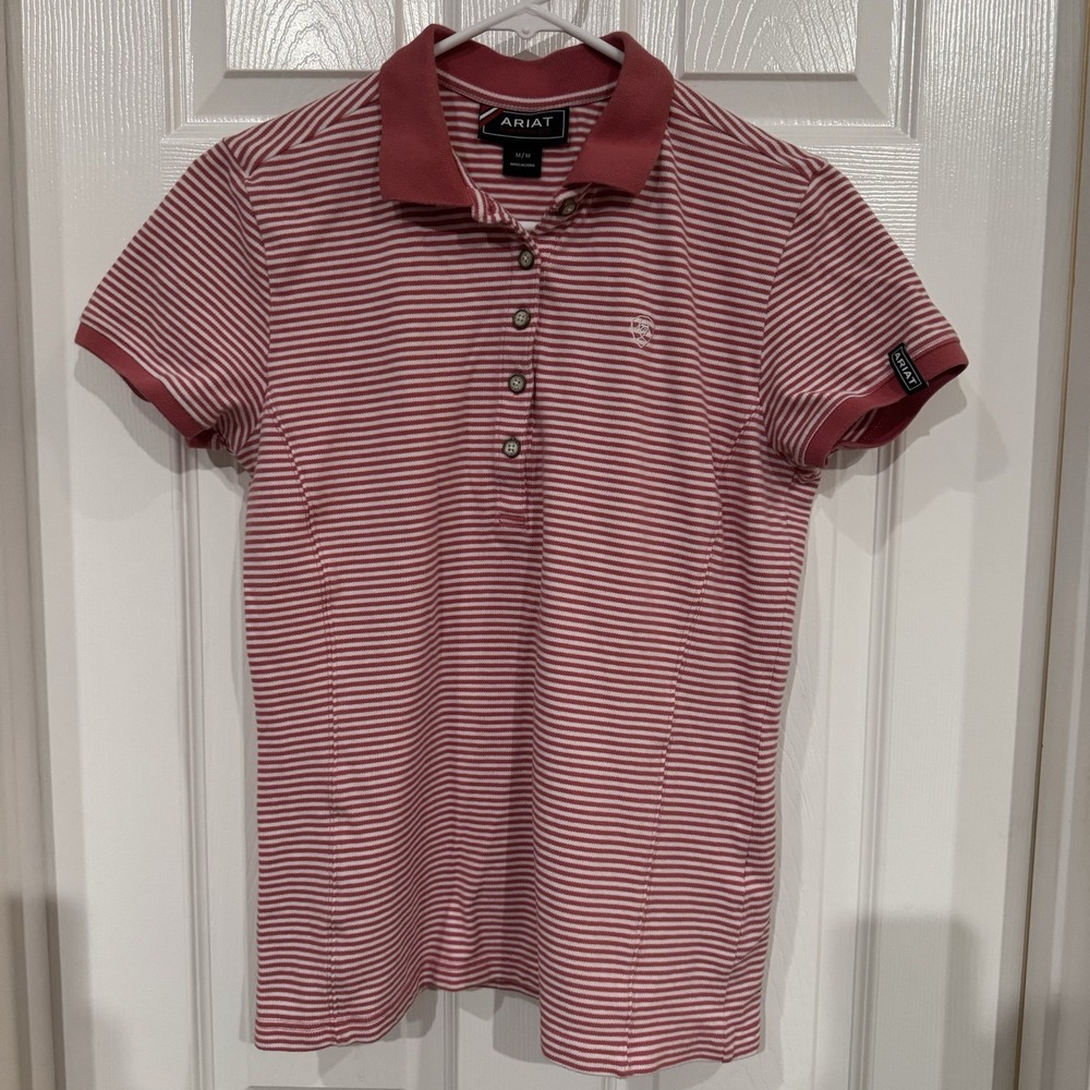 Ariat Shirt Womens Medium Pink White Stripe Short Sleeve Polo Embroidered 1/4